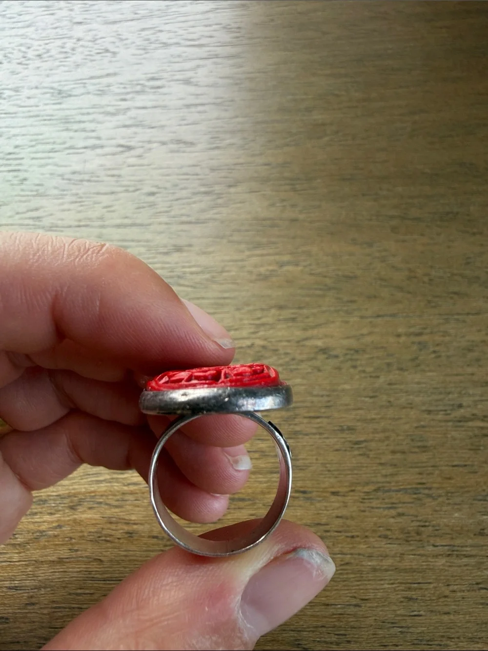 Red Cinnebar Bird and Floral ring size 7 in Sterling Silver - Women Jewelry